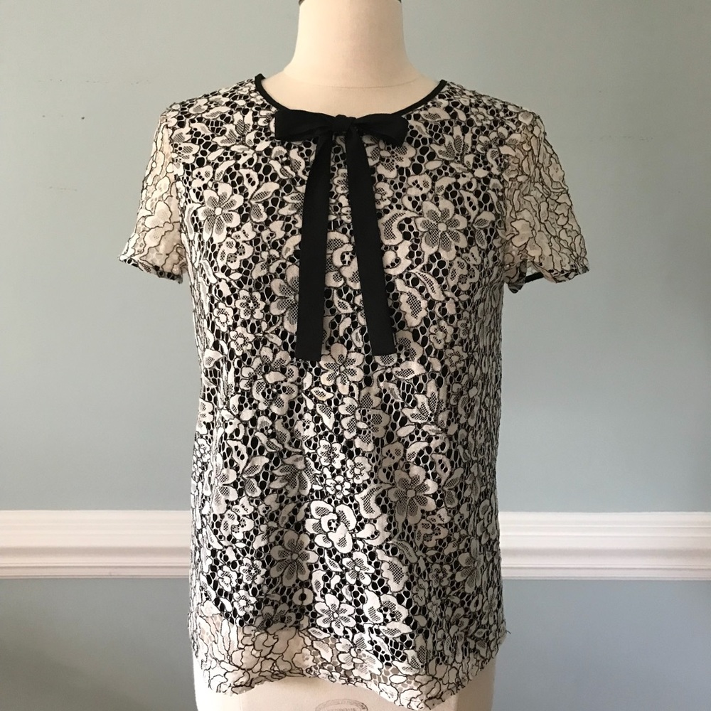 Karl Lagerfeld lace cap sleeve top with bow.